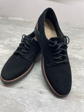 Clarks Sharon Dolly Oxfords Womens 8.5‎ Black Suede Wedge Ultimate Comfort Shoes